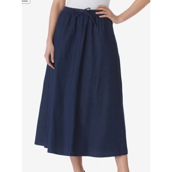 Woman Within Womens Drawstring Denim Skirt 28W Petite Midi Dark Wash 100 Cotton - Picture 1 of 8